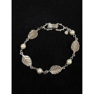 Vintage AMCO Sterling Silver Faux Pearl Leaf Link Bracelet 7" Signed